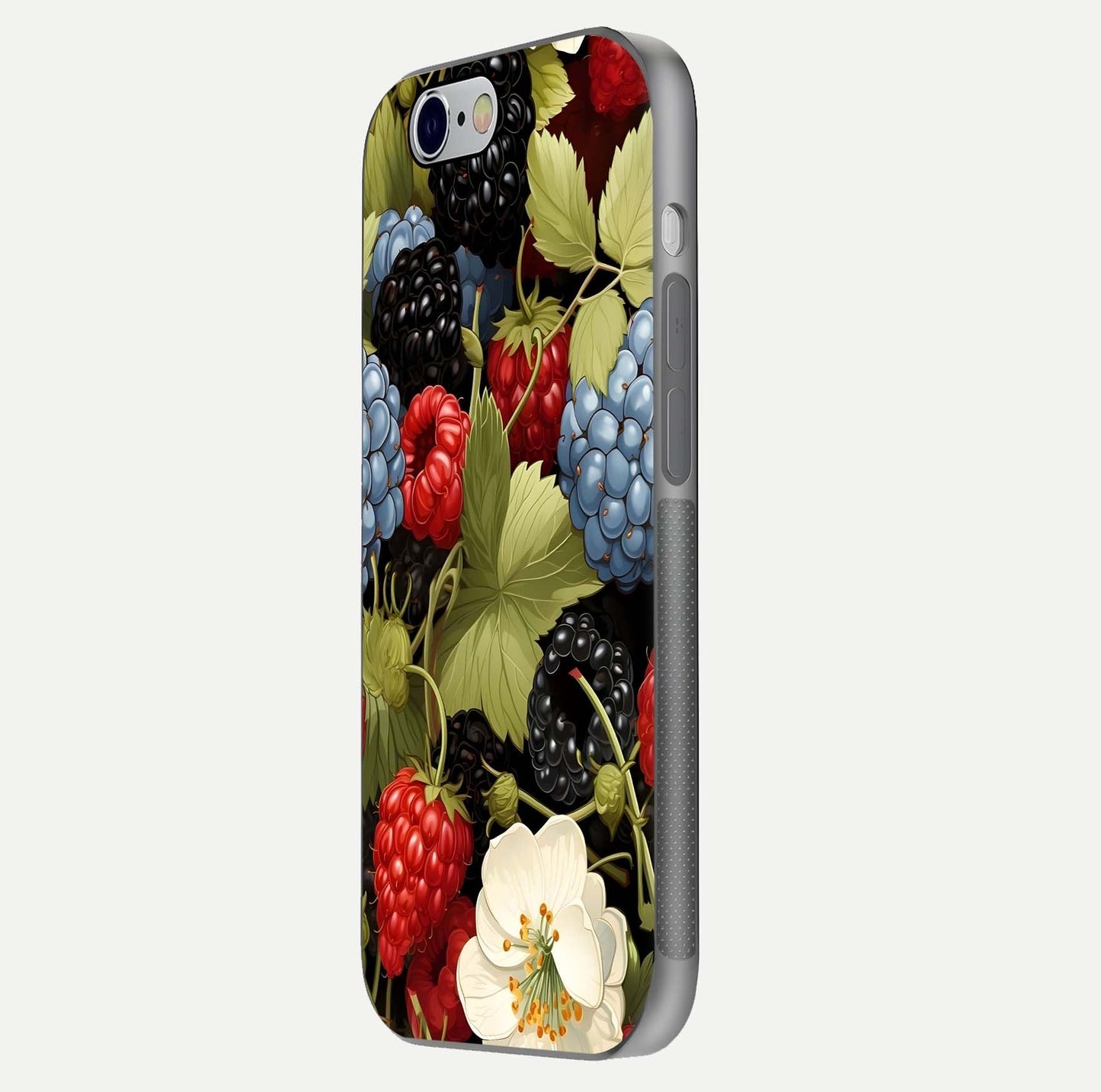 Berry Bloom Charm Glass Case for iPhone 16 Pro side-angle image showing floral texture and high-definition print gloss