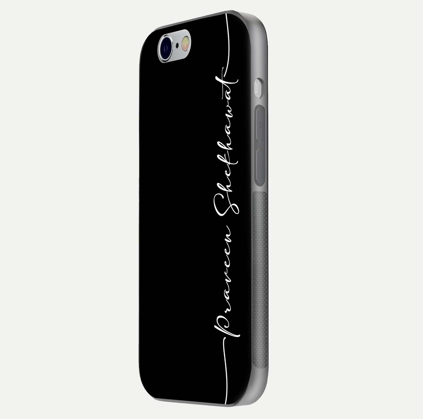 Black Tune Custom Name Glass Case for iPhone 16 Pro side-angle photo showing mirror-like surface and slim profile
