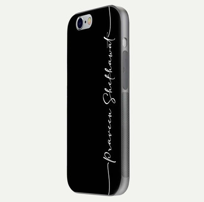 Black Tune Custom Name Glass Case for iPhone 16 Pro side-angle photo showing mirror-like surface and slim profile
