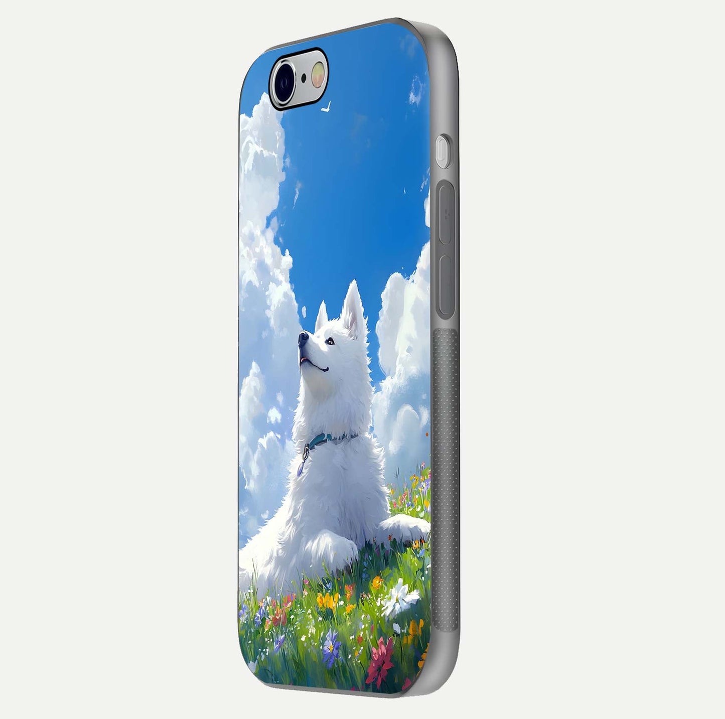 Blissful Cloud Pup Glass Case for iPhone 16 Pro side-angle shot displaying puppy print and glossy texture