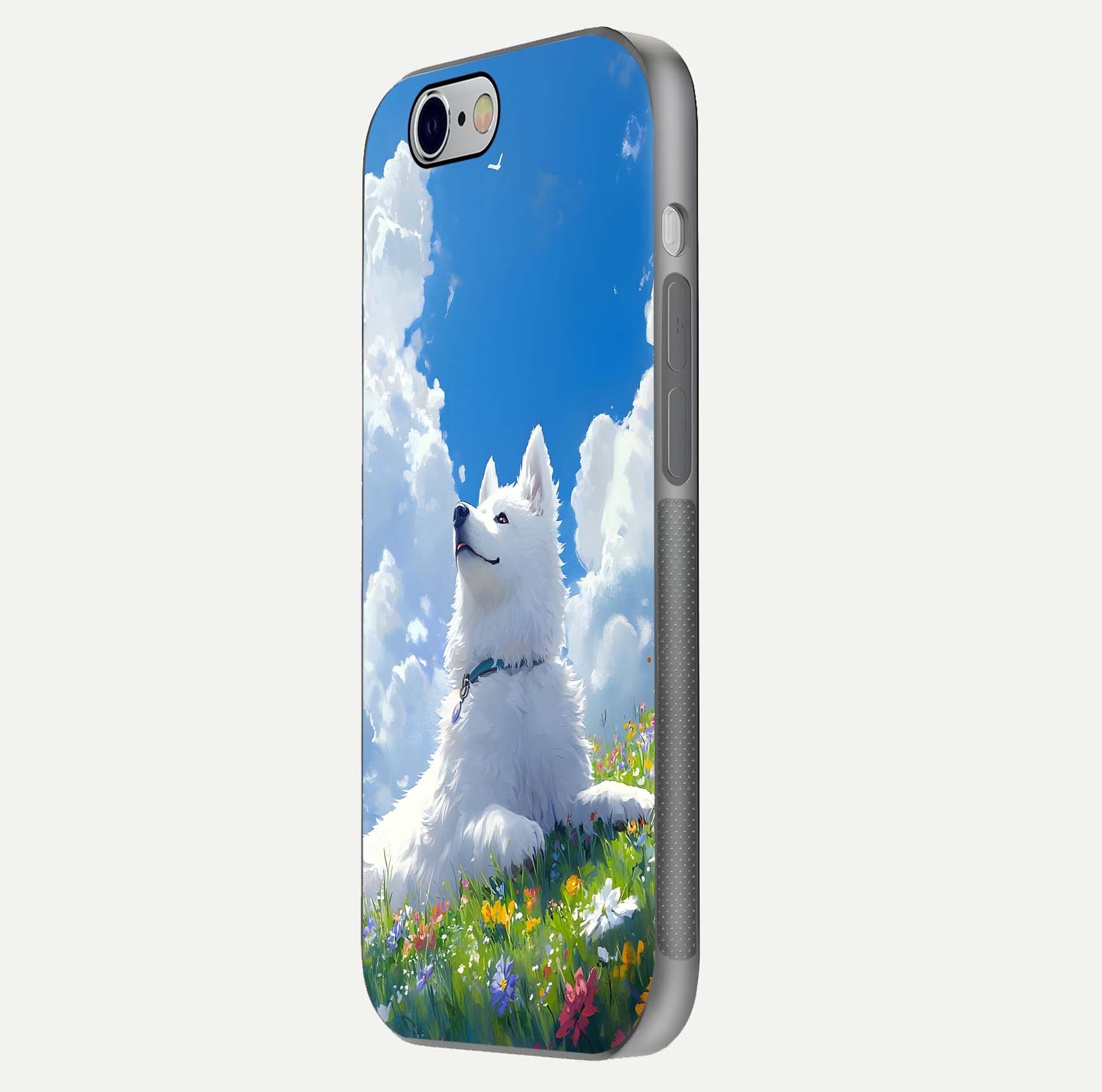 Blissful Cloud Pup Glass Case for iPhone 16 Pro side-angle shot displaying puppy print and glossy texture