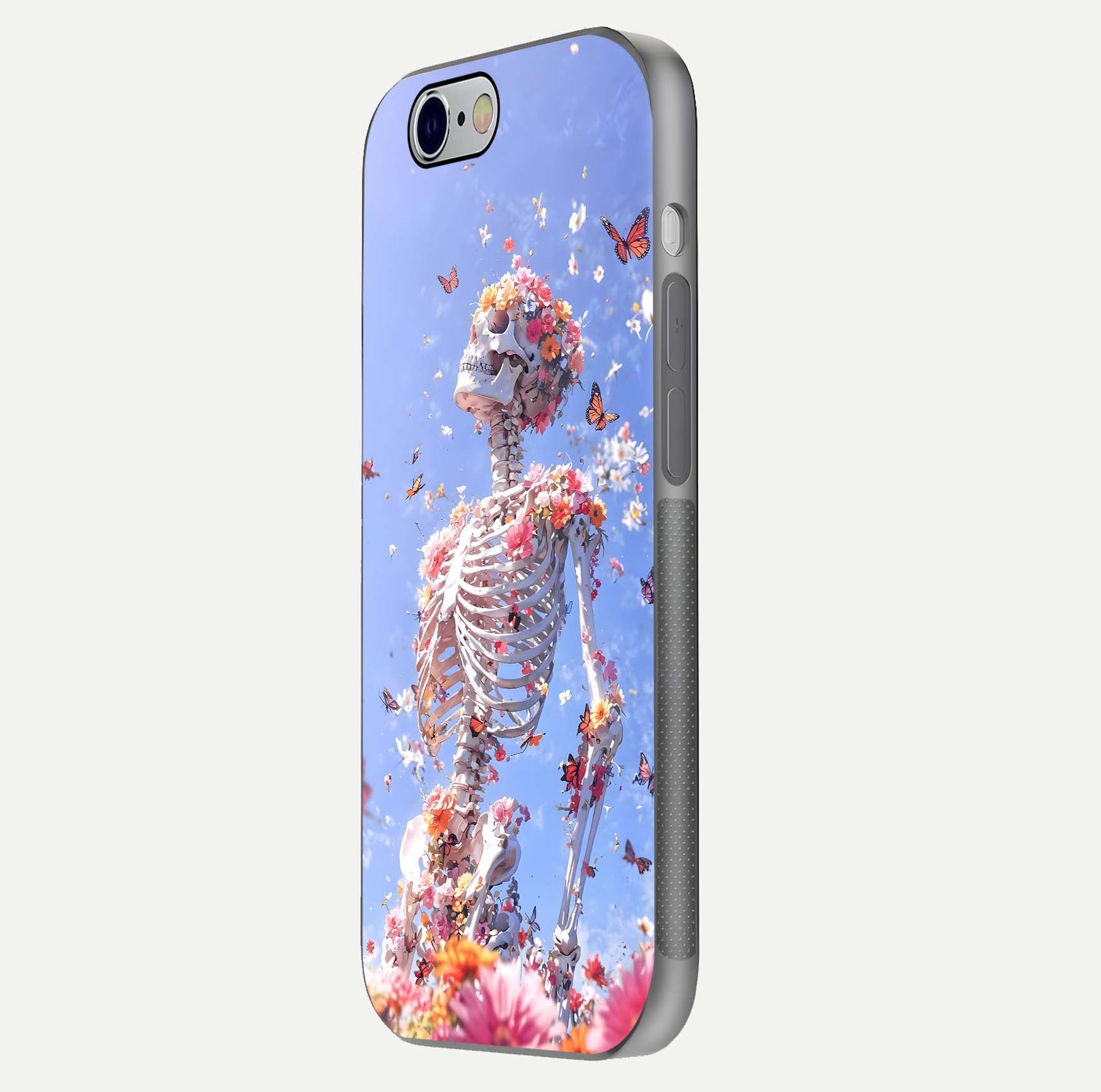 Bloom Beyond Bones Glass Case for iPhone 16 Pro side-angle image highlighting print precision and gloss finish