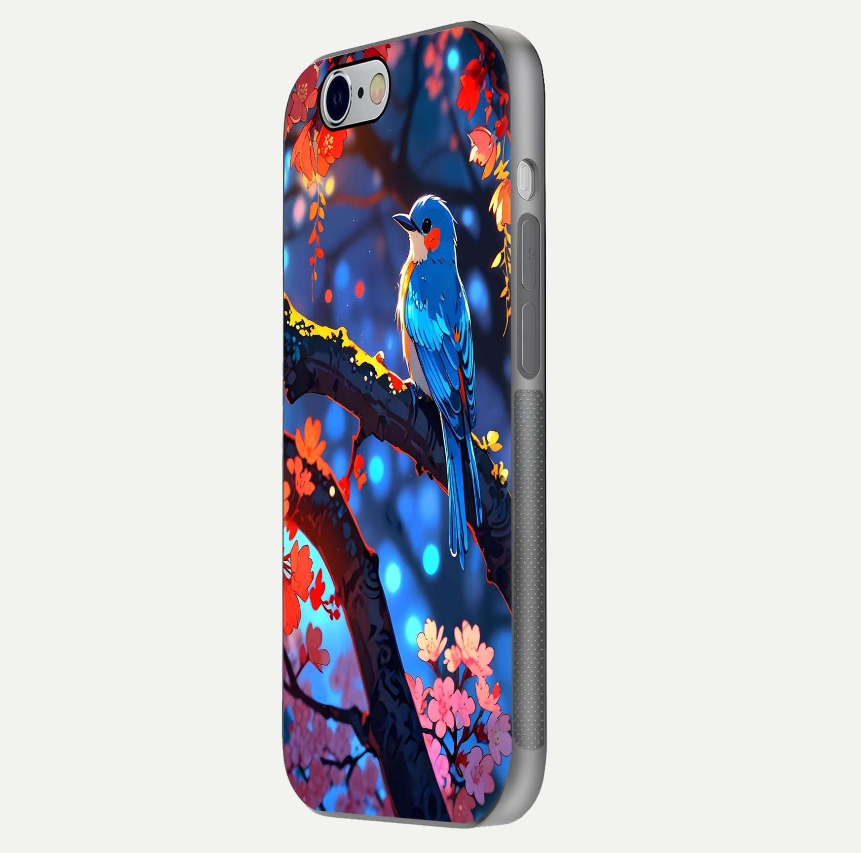Blooming Spendor Bird Glass Case for iPhone 16 Pro side-angle photo showing floral wings and reflection finish