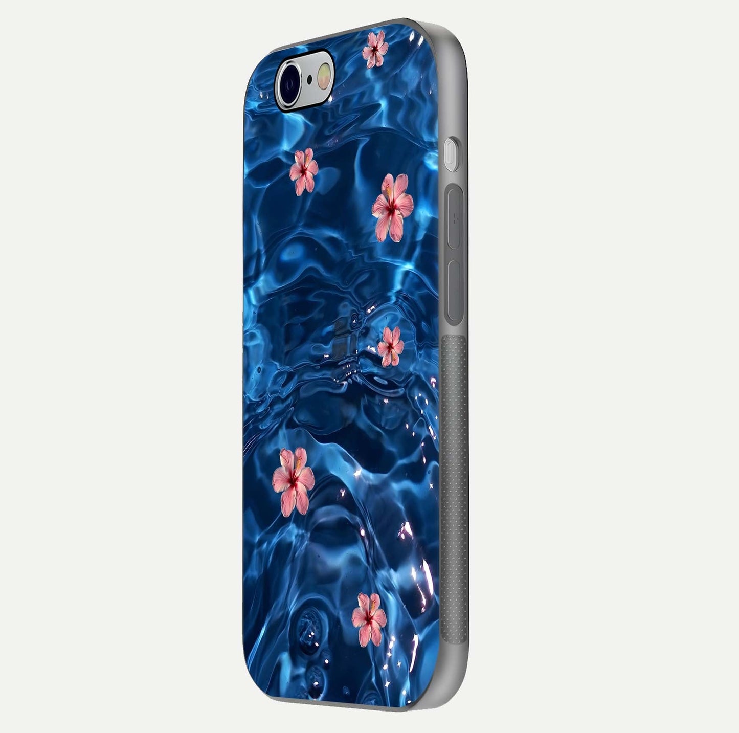 Blooming Water Drift Glass Case for iPhone 16 Pro side-angle image showcasing blossom flow, curved corners, and HD glass gloss