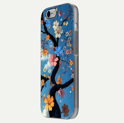 Blossom Dream Sky Glass Case for iPhone 16 Pro side-angle photo showing flower details, edge curve, and reflection shine
