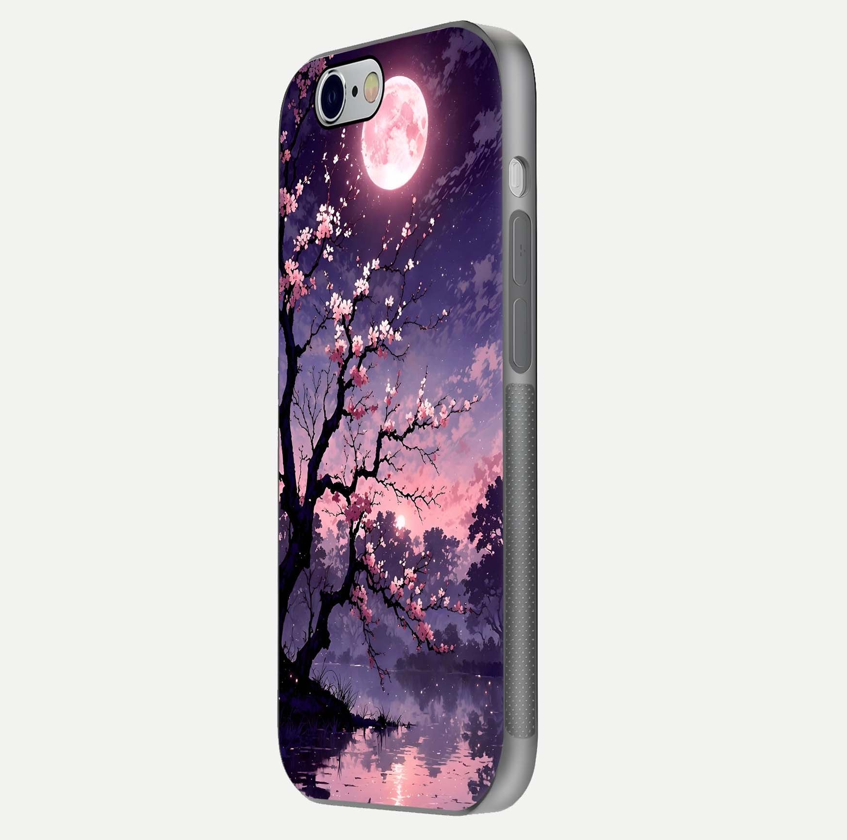 Blossom Pink Moon Glass Case for iPhone 16 Pro side-angle image showing glossy curve and floral-moon balance