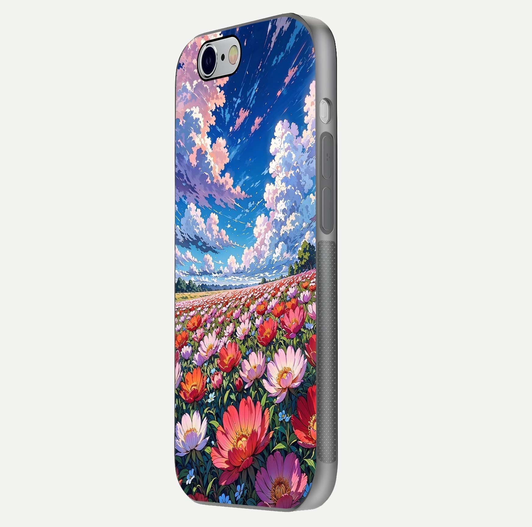 Blossom Sky Field Glass Case for iPhone 16 Pro side-angle showing sky hues, blossom texture, and reflective shine