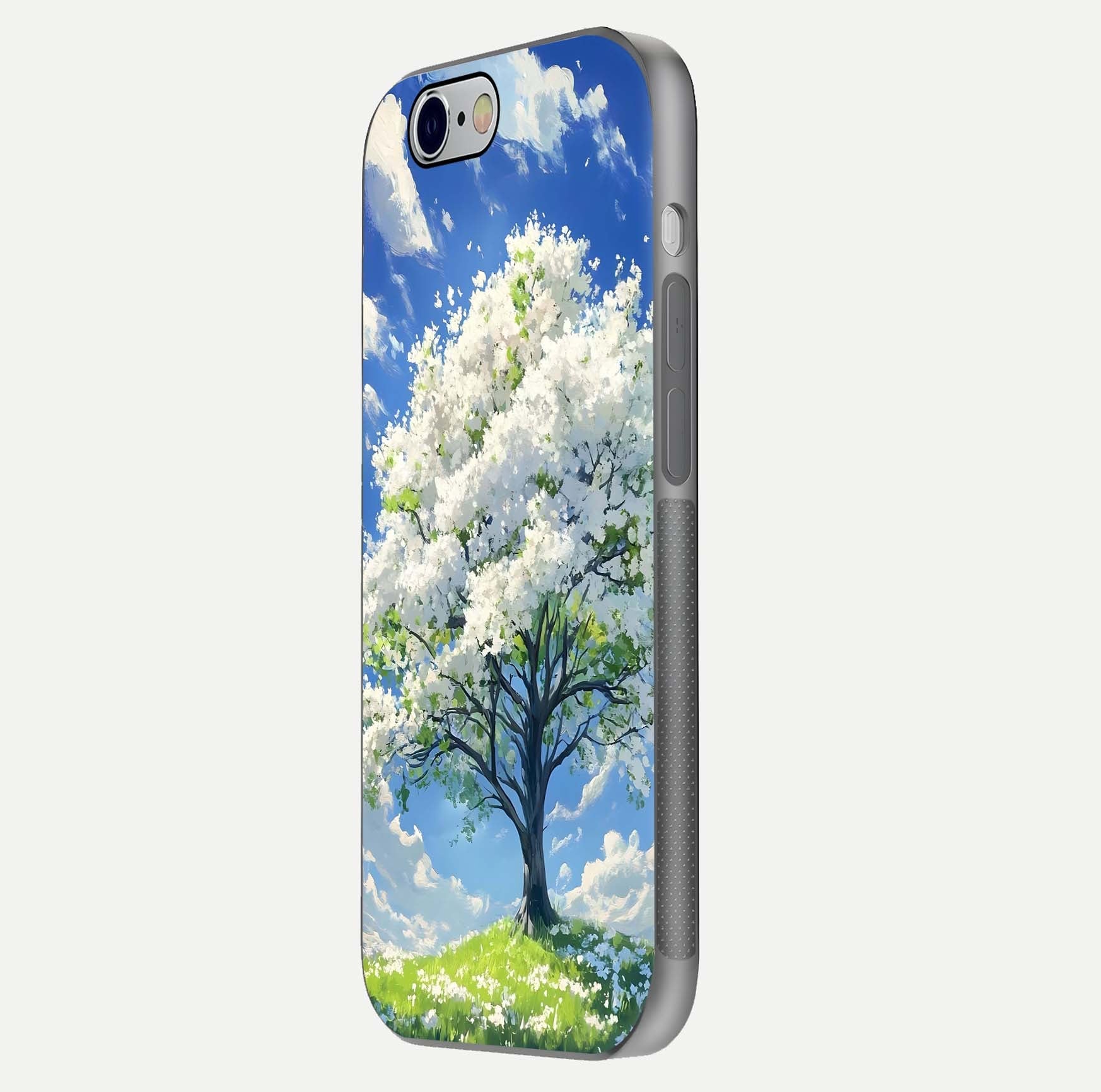 Blossom Sky Serenity Glass Case for iPhone 16 Pro side-angle image showing elegant edge flow and light reflection