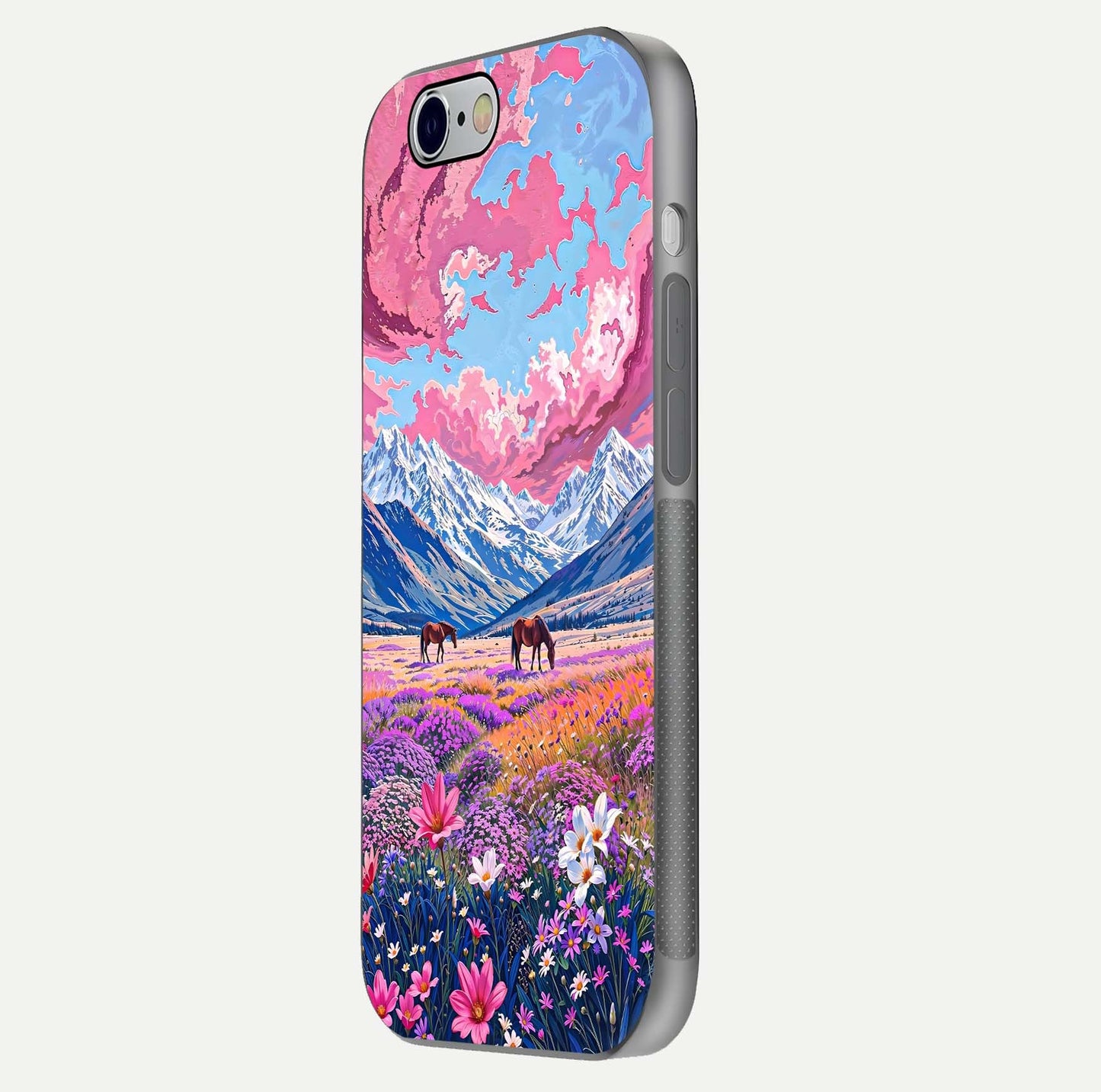 Blossom Valley Dream Glass Case for iPhone 16 Pro side-angle shot showcasing bloom tones and gloss texture