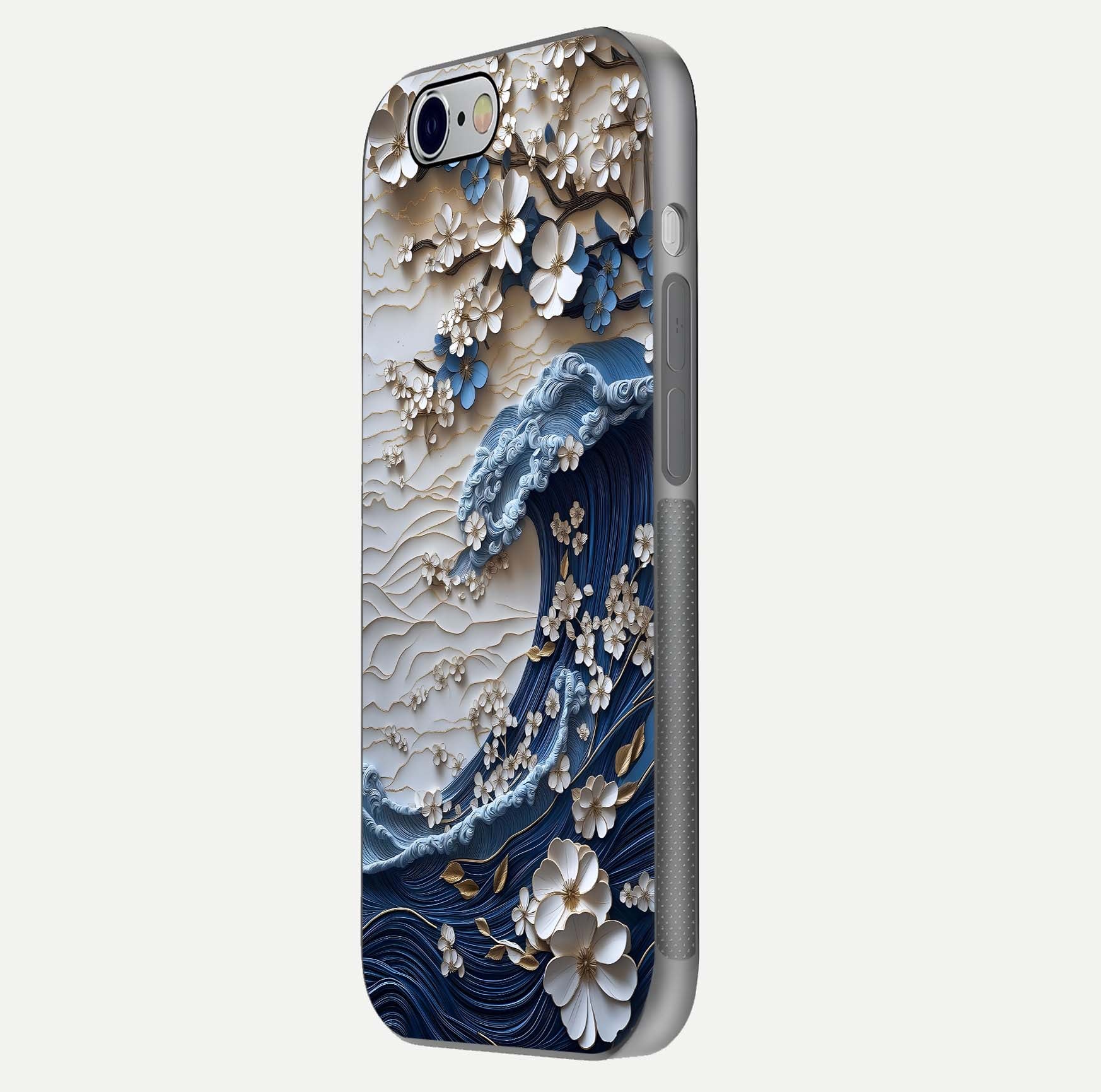 Blossom Wave Art Glass Case for iPhone 16 Pro side-angle view showing wave-flow print and gloss edge finish