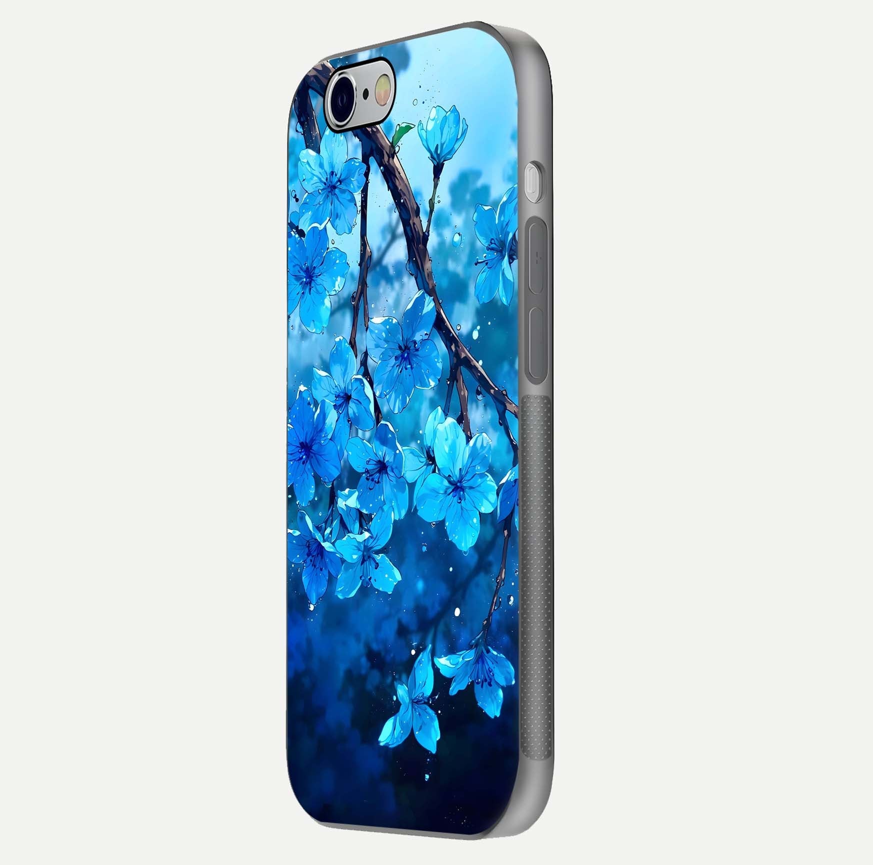 Blue Blossoms Branch Glass Case for iPhone 16 Pro side-angle image showing blossom pattern flow and glossy texture