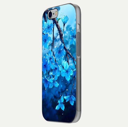 Blue Blossoms Branch Glass Case for iPhone 16 Pro side-angle image showing blossom pattern flow and glossy texture