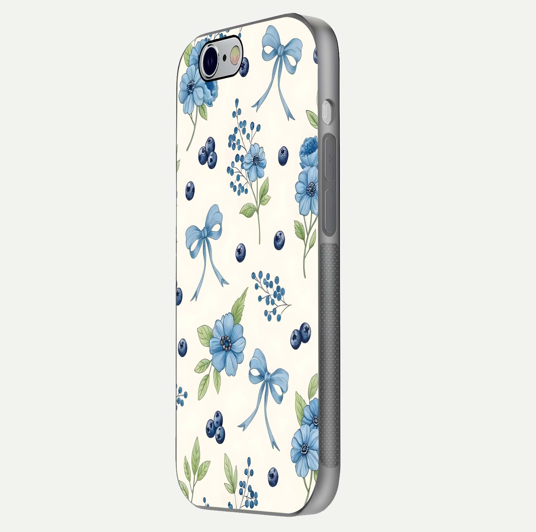 Blue Flower & Bow Glass Case for iPhone 16 Pro side-angle image showing bow-floral mix and HD finish shine