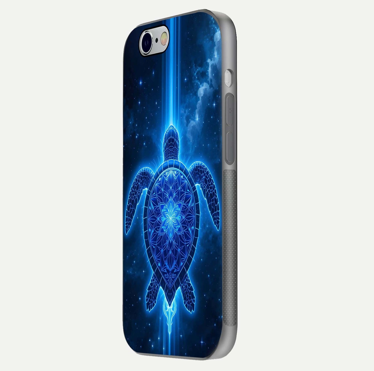 Blue Galaxy Turtle Glass Case for iPhone 16 Pro side-angle photo capturing galaxy shine and smooth edge design