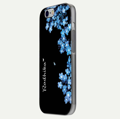 Blue Petal Dream Custom Name Glass Case for iPhone 16 Pro side-angle image showing name print clarity and smooth gloss