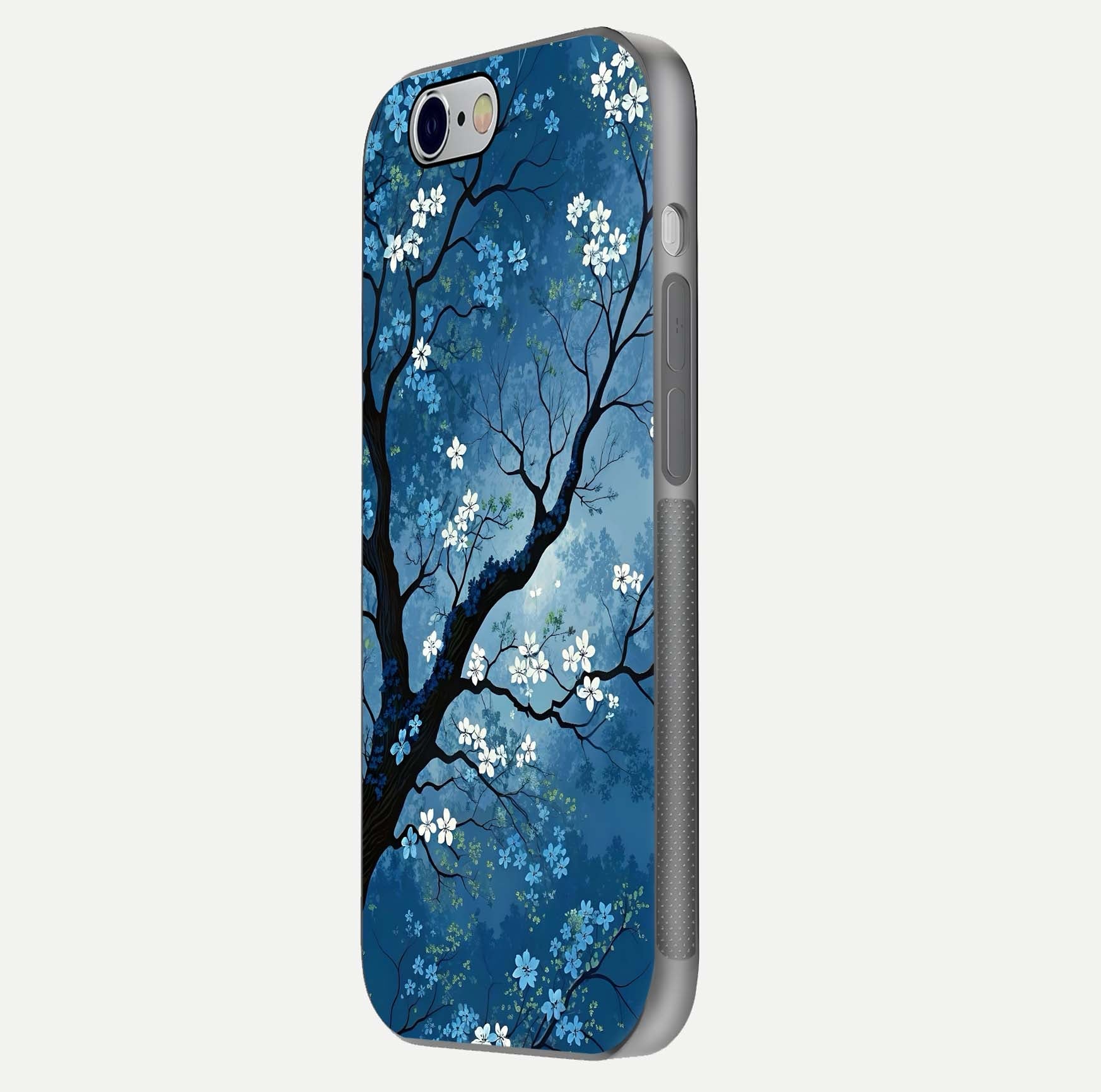 Blue Tree Serenity Glass Case for iPhone 16 Pro side-angle shot showing glossy edge and tree pattern reflection