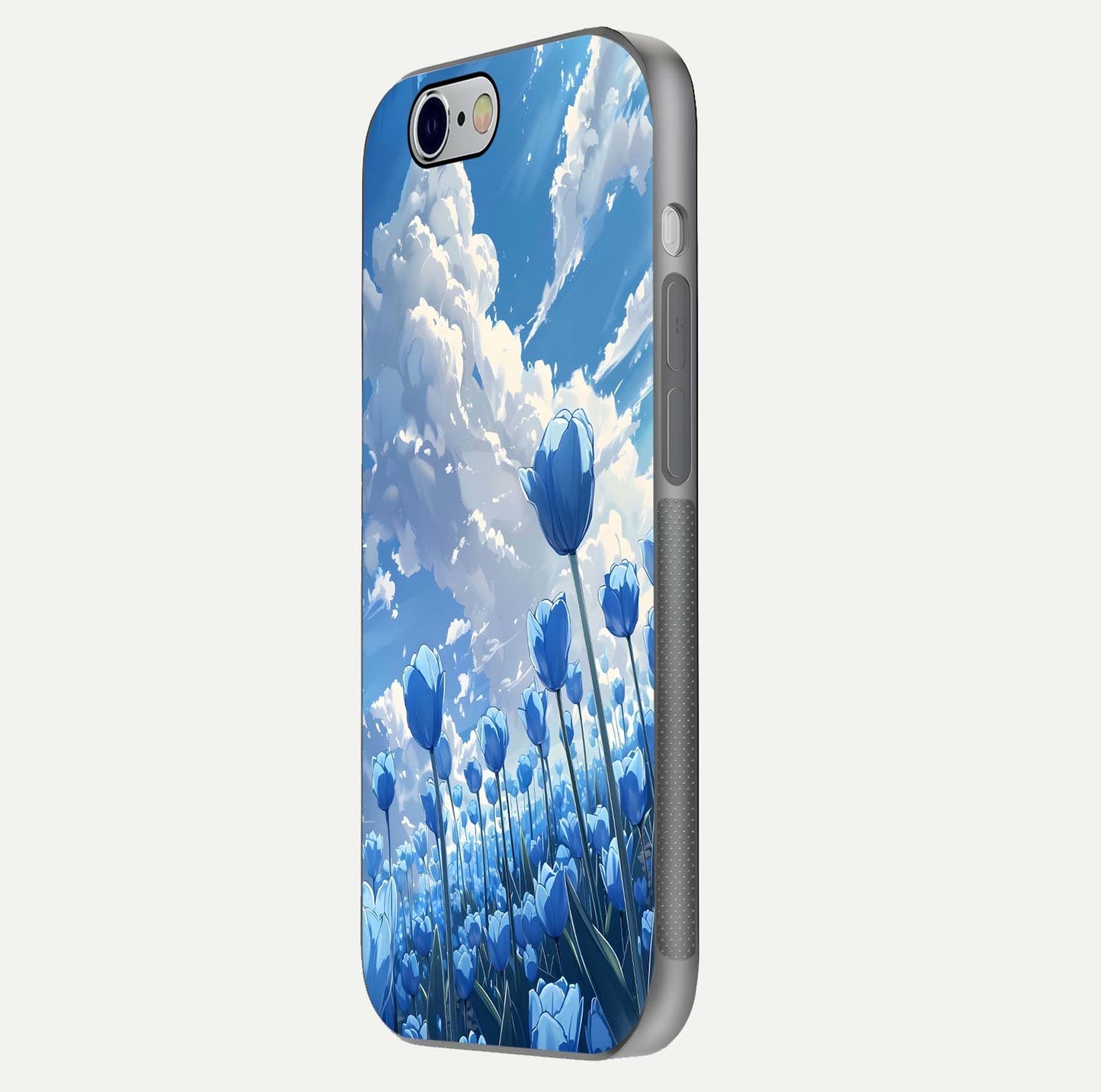 Blue Tulip Clouds Glass Case for iPhone 16 Pro side-angle image showing edge curve and flower reflection glow