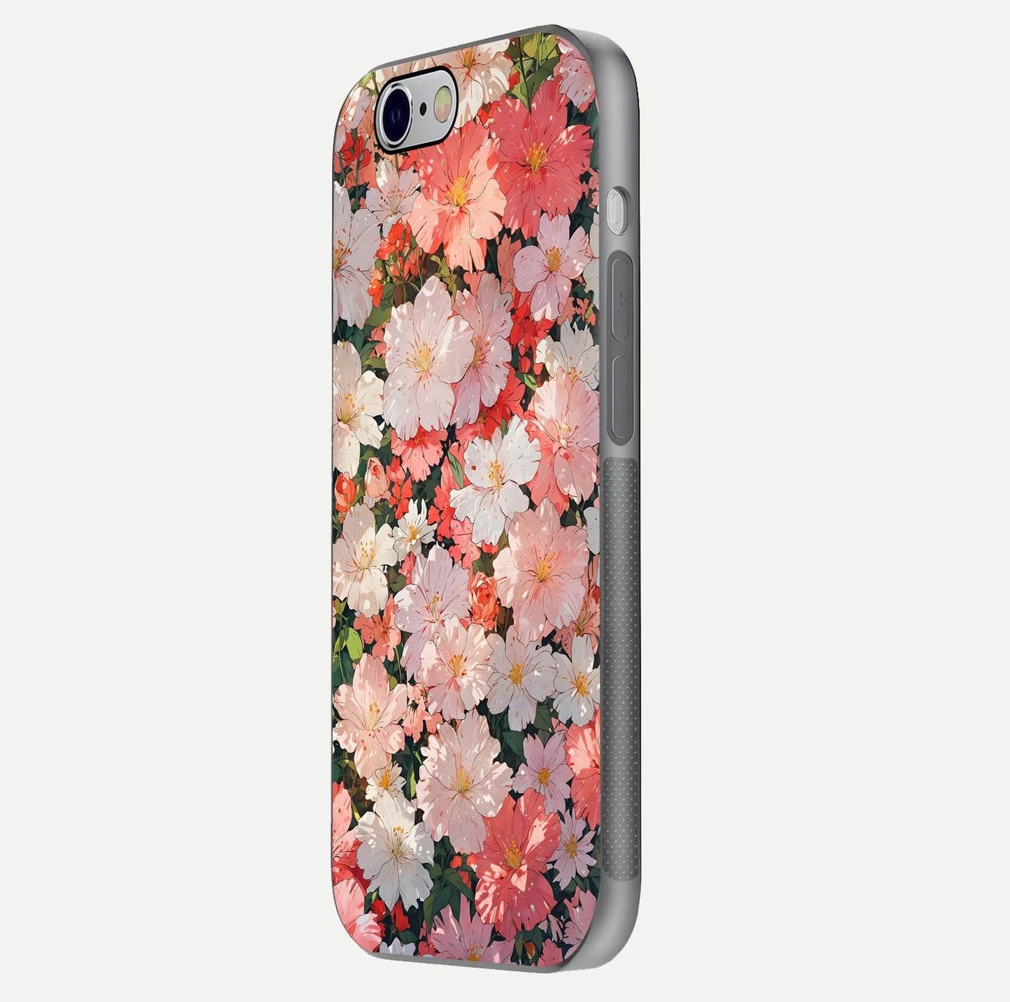 Blush Bloom Field Glass Case for iPhone 16 Pro side-angle image showing petal pattern gloss and smooth edges