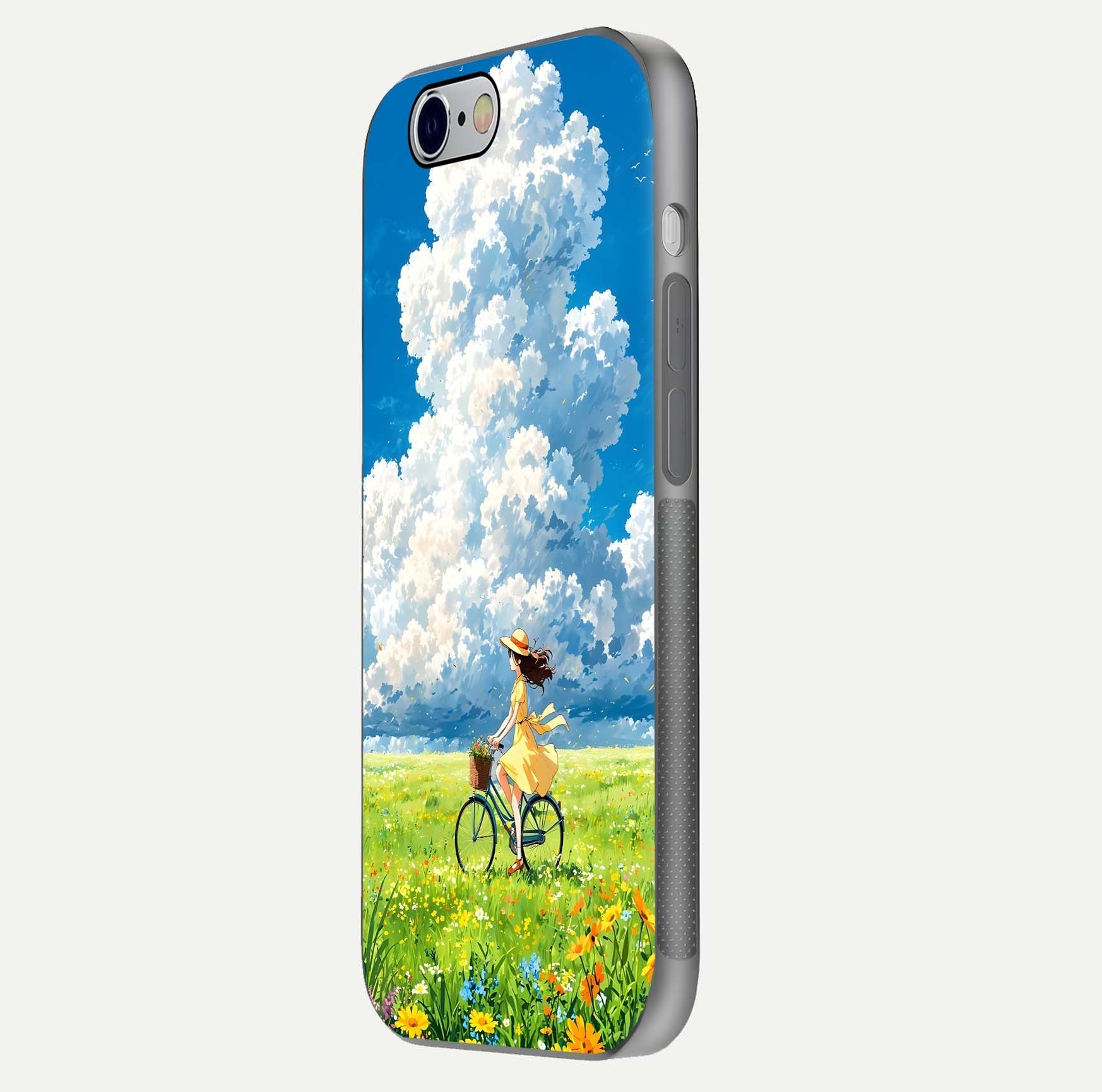 Breezy Meadow Ride Glass Case for iPhone 16 Pro side-angle image showing floral details and edge glow
