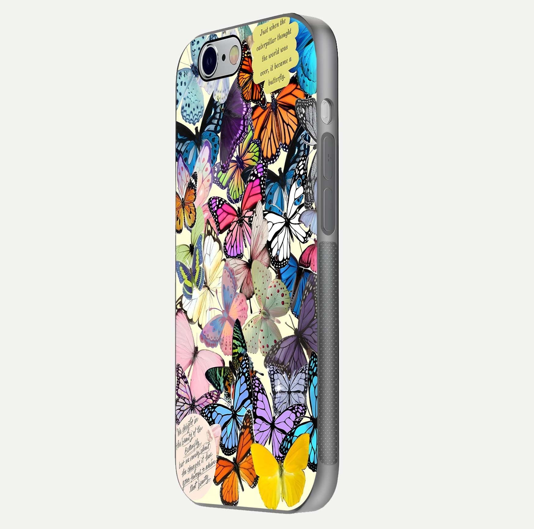Butterflies Petal Dream Glass Case for iPhone 16 Pro side-angle shot showing butterfly motion and curved edges