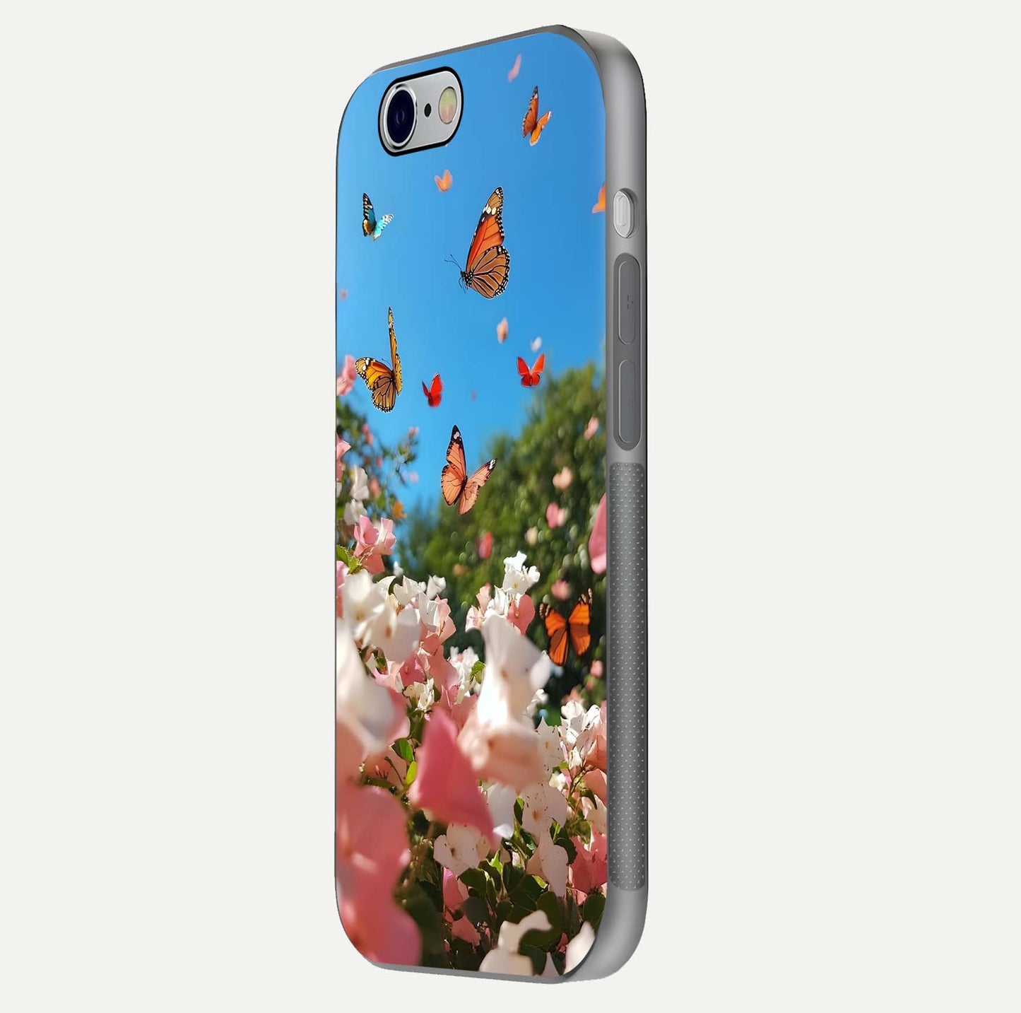 Butterflies in Bloom Sky Glass Case for iPhone 16 Pro side-angle image showing delicate details and gloss polish