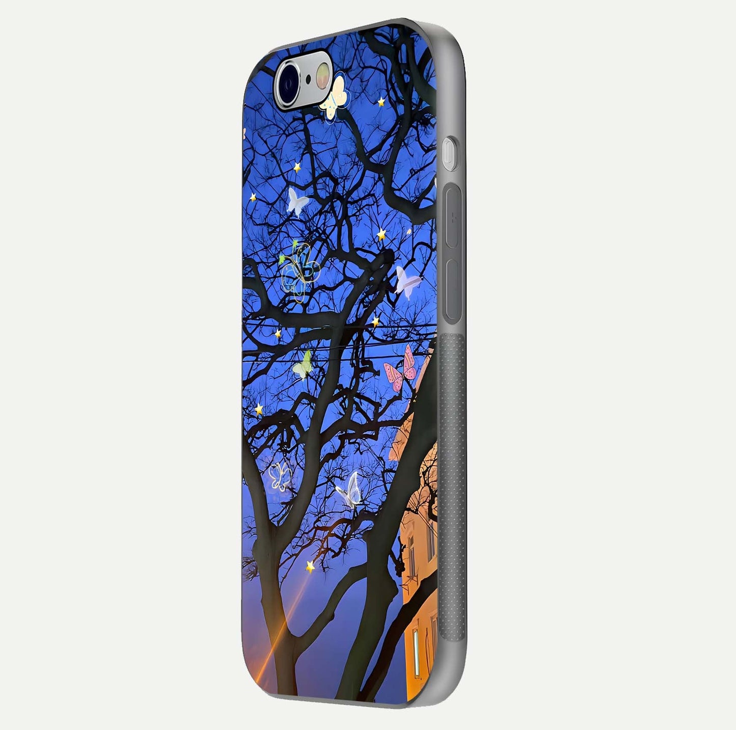 Butterfly Night Magic Glass Case for iPhone 16 Pro side-angle view capturing butterfly contrast and glossy depth