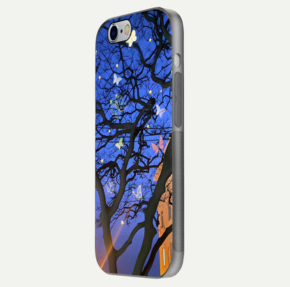 Butterfly Night Magic Glass Case for iPhone 16 Pro side-angle view capturing butterfly contrast and glossy depth