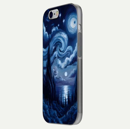 Celestial Dream Van Gogh Glass Case for iPhone 16 Pro side-angle photo showing depth swirl design and curved reflection