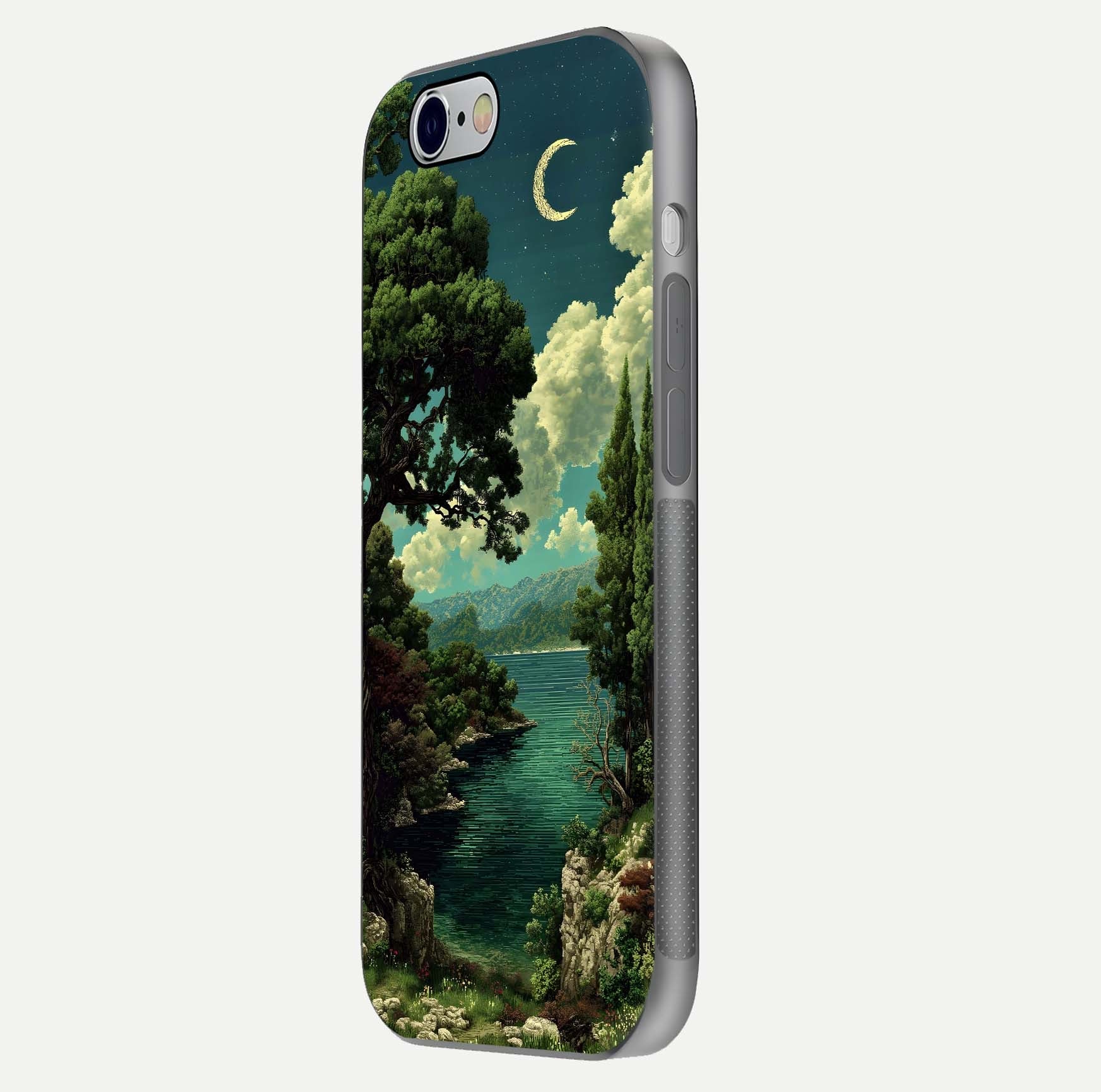 Celestial Lake Peace Glass Case for iPhone 16 Pro side-angle image displaying reflective glow and gentle edges