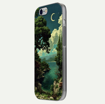 Celestial Lake Peace Glass Case for iPhone 16 Pro side-angle image displaying reflective glow and gentle edges