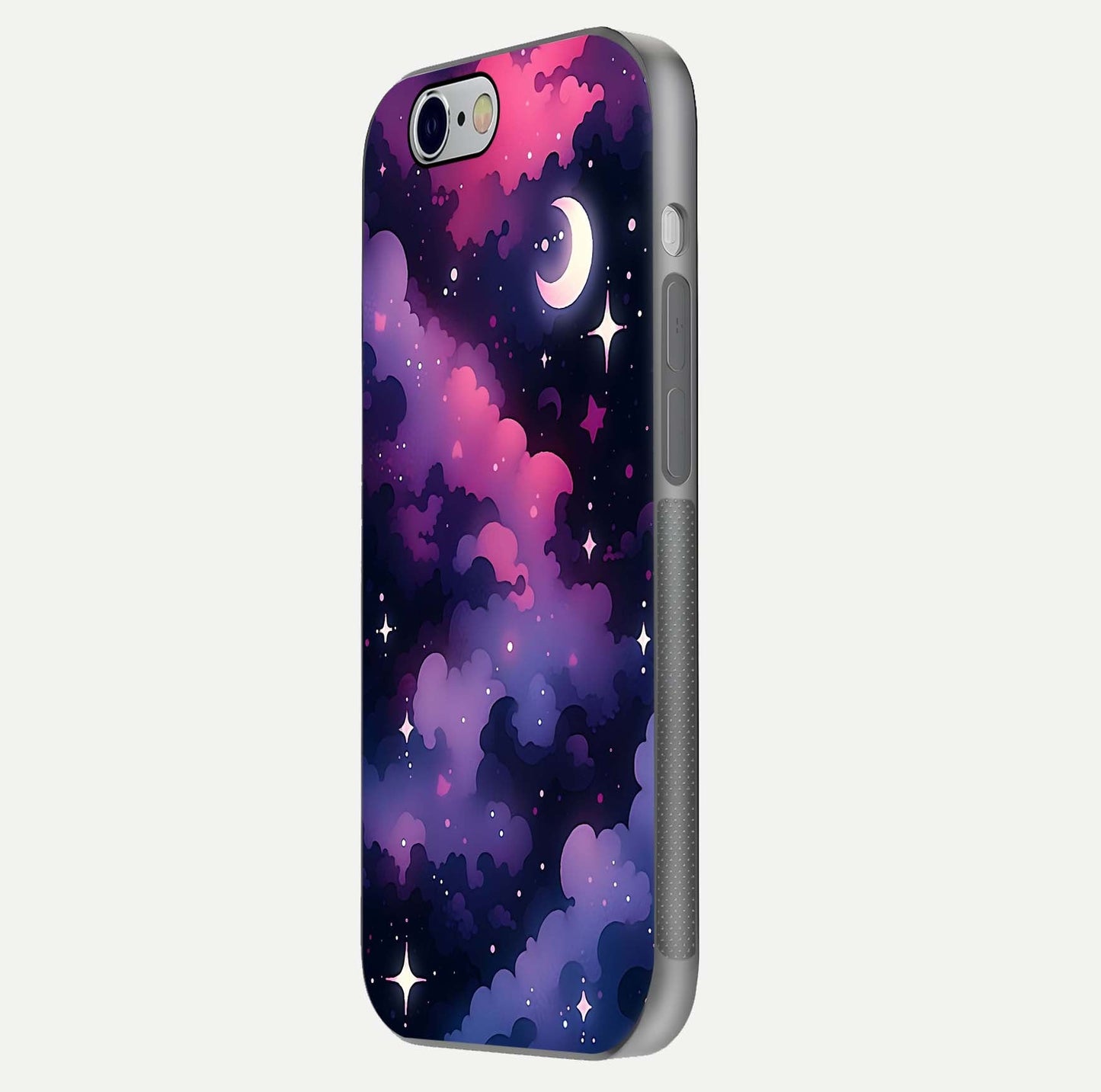 Celestial Moon Magic Glass Case for iPhone 16 Pro side-angle shot capturing soft reflection and curved gloss