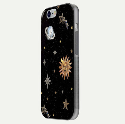 Celestial Moon With Stars Glass Case for iPhone 16 Pro side-angle view showing curved edges and shimmer glow