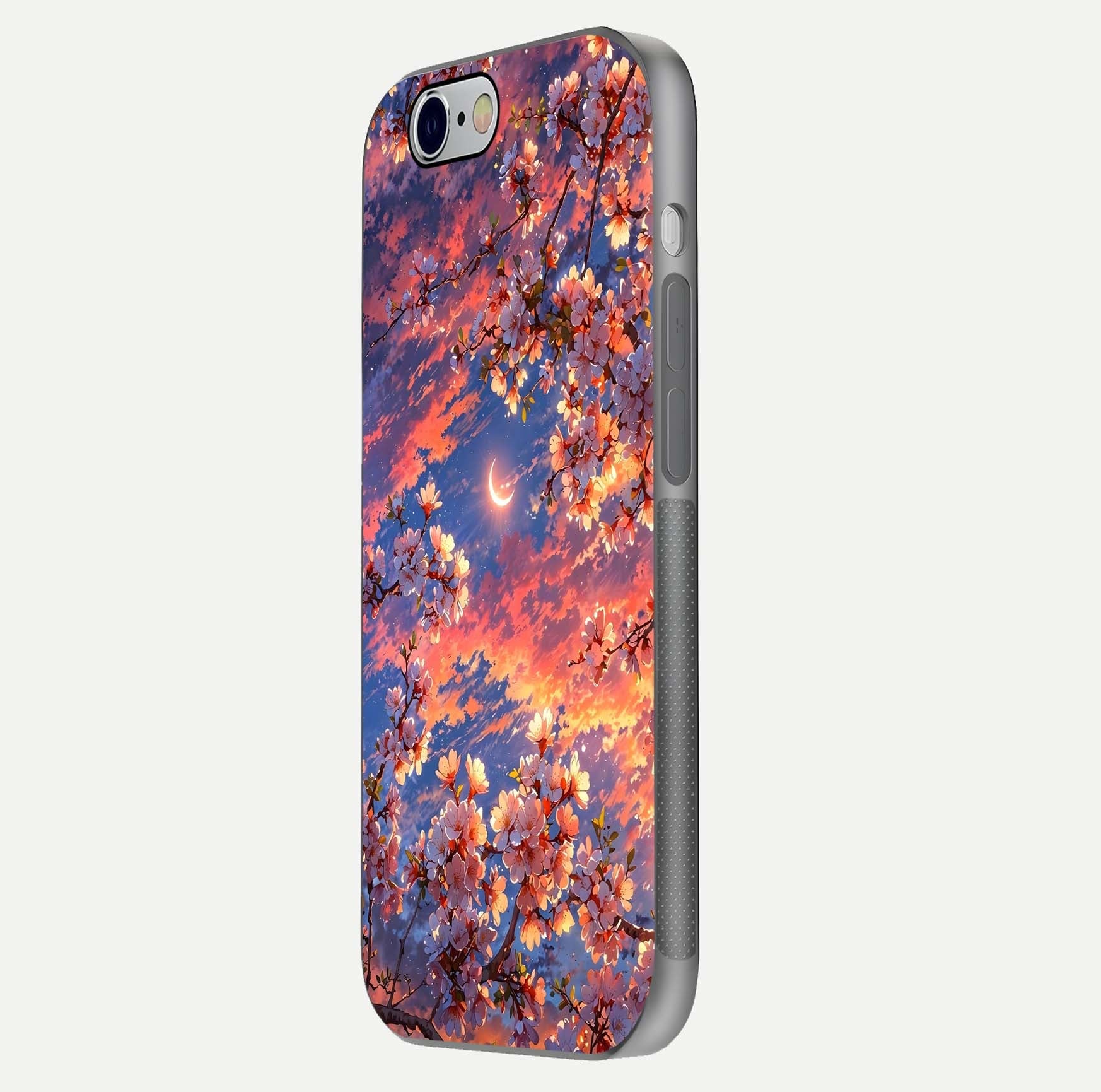 Celestial Sakura Sunset Glass Case for iPhone 16 Pro side-angle image showing edge glow and petal texture