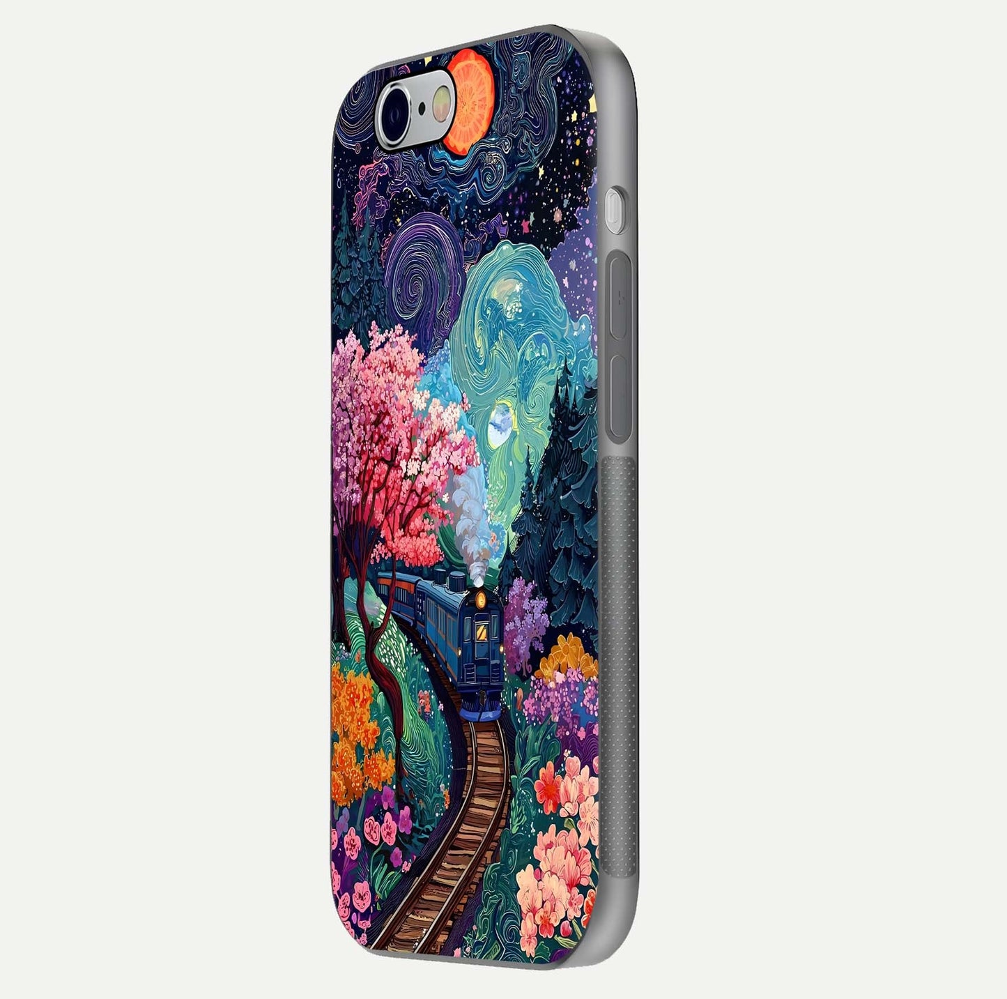 Celestial Train Journey Glass Case for iPhone 16 Pro side-angle image showing polished curve and HD print detail