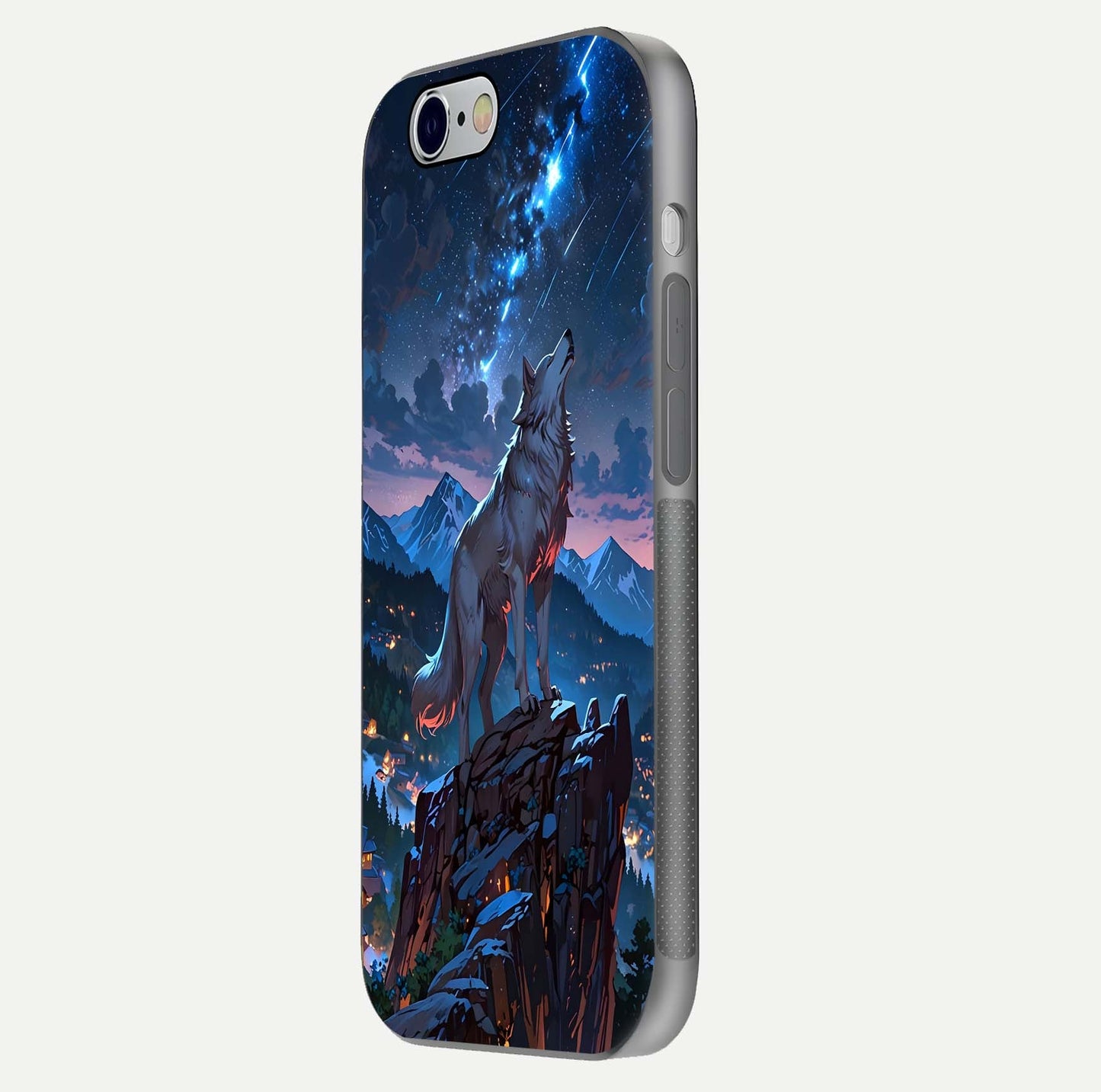 Celestial Wolf Howl Glass Case for iPhone 16 Pro side-angle image showing curve polish and moon glow