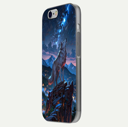 Celestial Wolf Howl Glass Case for iPhone 16 Pro side-angle image showing curve polish and moon glow