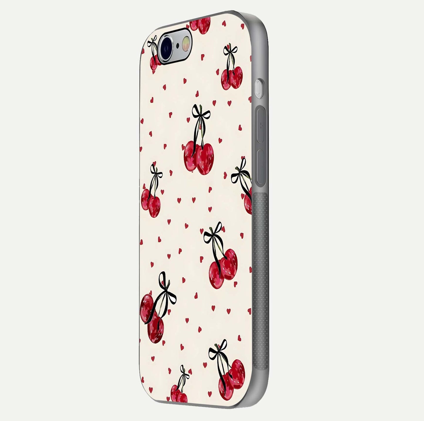 Cherry Heart Bow Glass Case for iPhone 16 Pro side-angle image capturing gloss texture and charm bow art