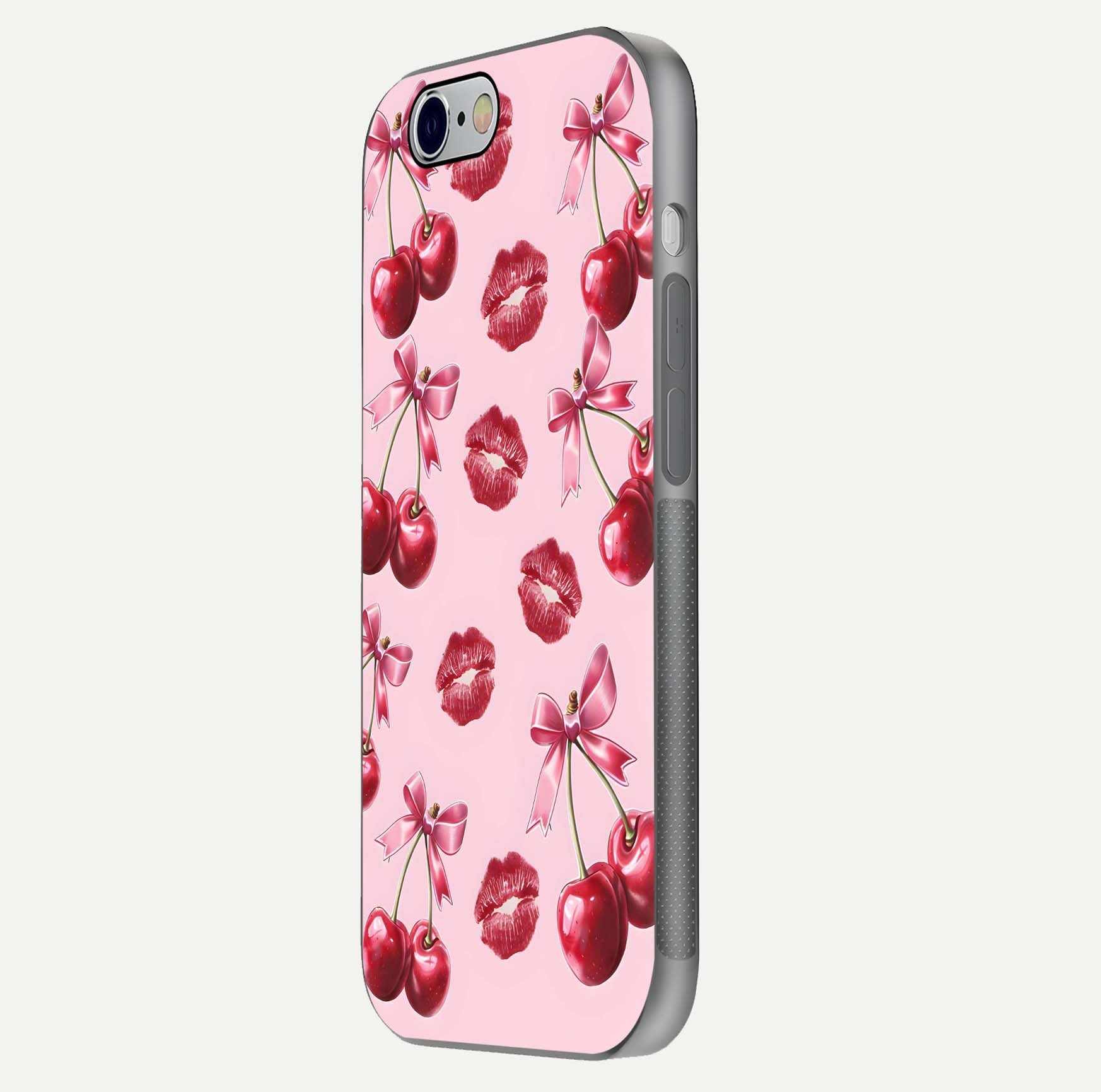 Cherry With Lips Glass Case for iPhone 16 Pro side-angle image showing gloss reflection and fine details
