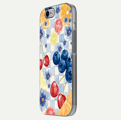 Citrus Bloom Joy Glass Case for iPhone 16 Pro side-angle photo capturing bright color and glass reflection