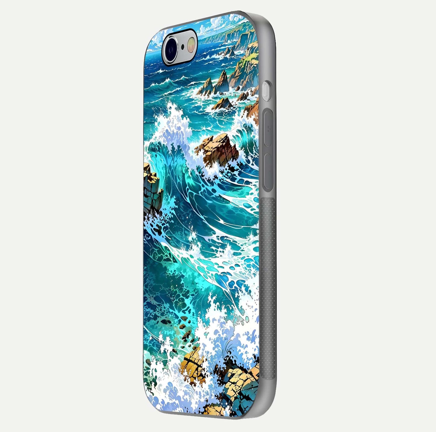 Coastal Blue Waves Glass Case for iPhone 16 Pro side-angle photo showing gloss texture and color depth