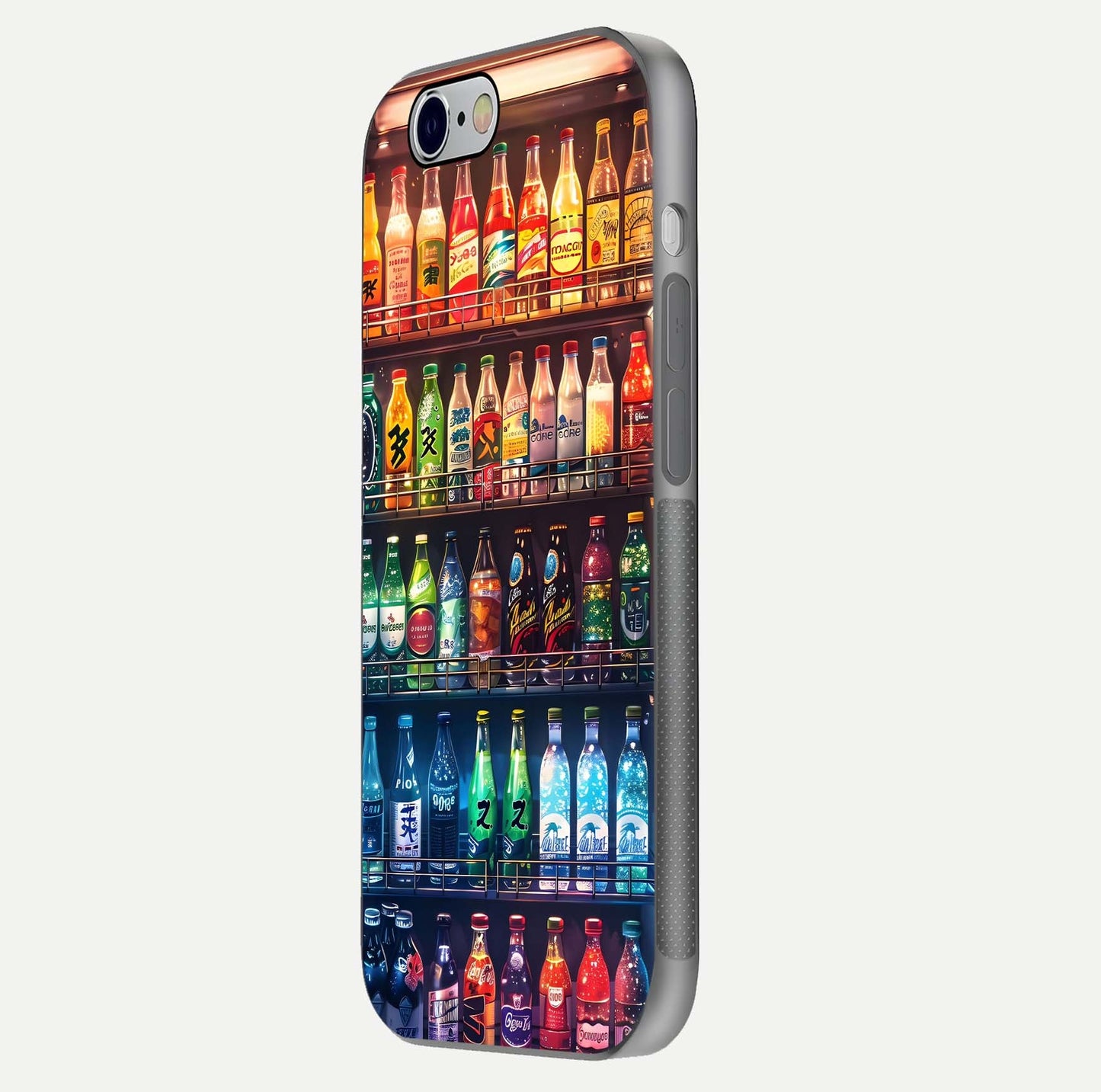 Colorful Soda Bottles Glass Case for iPhone 16 Pro side-angle photo showing polish shine and texture depth