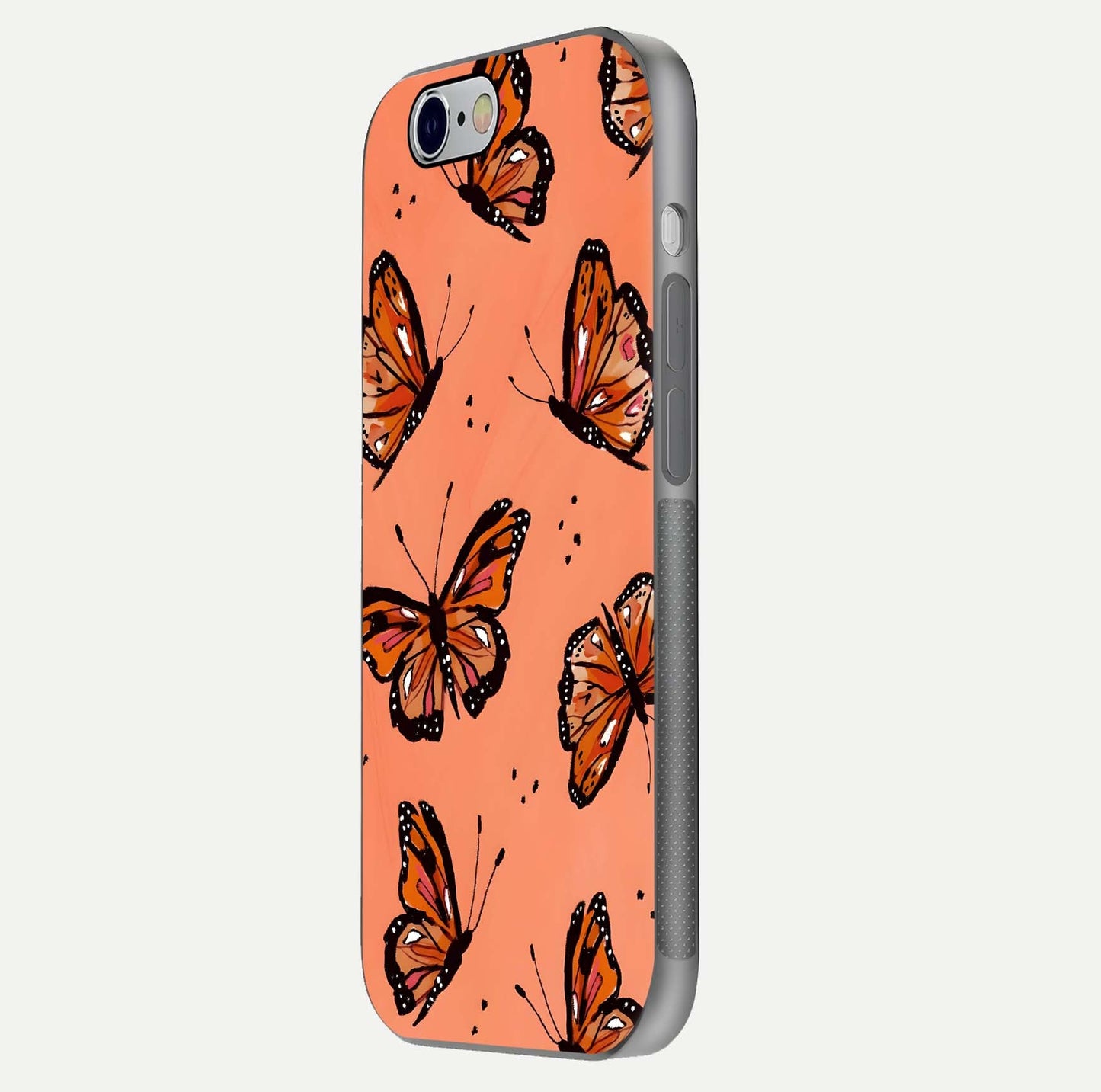 Coral Wing Butterfly Glass Case for iPhone 16 Pro side-angle photo showing reflective finish and smooth edges