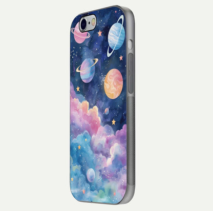 Cosmic Planet Dreams Glass Case for iPhone 16 Pro side-angle image showing texture clarity and shine