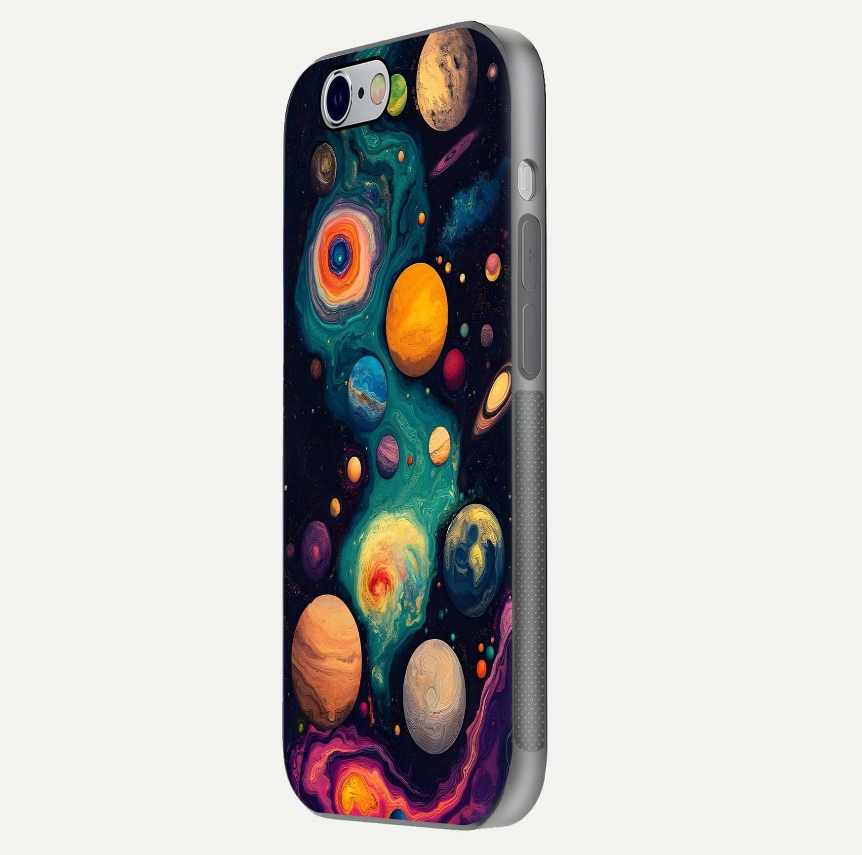 Cosmic Planet Journey Glass Case for iPhone 16 Pro side-angle image capturing smooth gloss and reflective edges