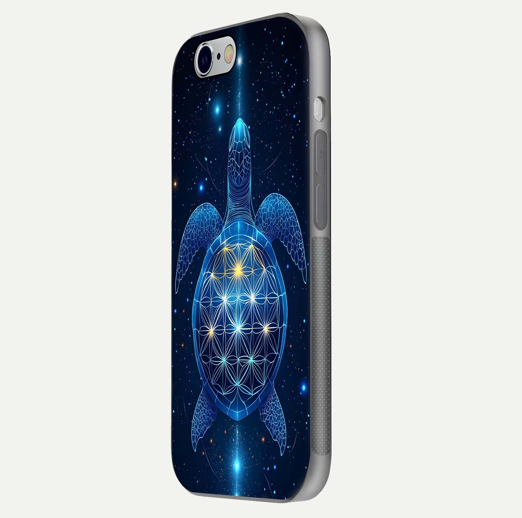 Crimson Blue Turtle Glass Case for iPhone 16 Pro side-angle photo showing curved edge and glass gloss