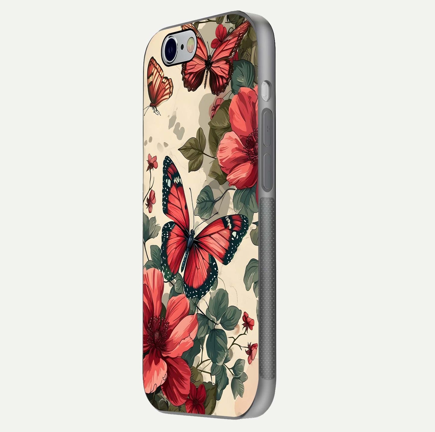 Crimson Butterfly Garden Glass Case for iPhone 16 Pro side-angle photo capturing gloss texture and soft tone
