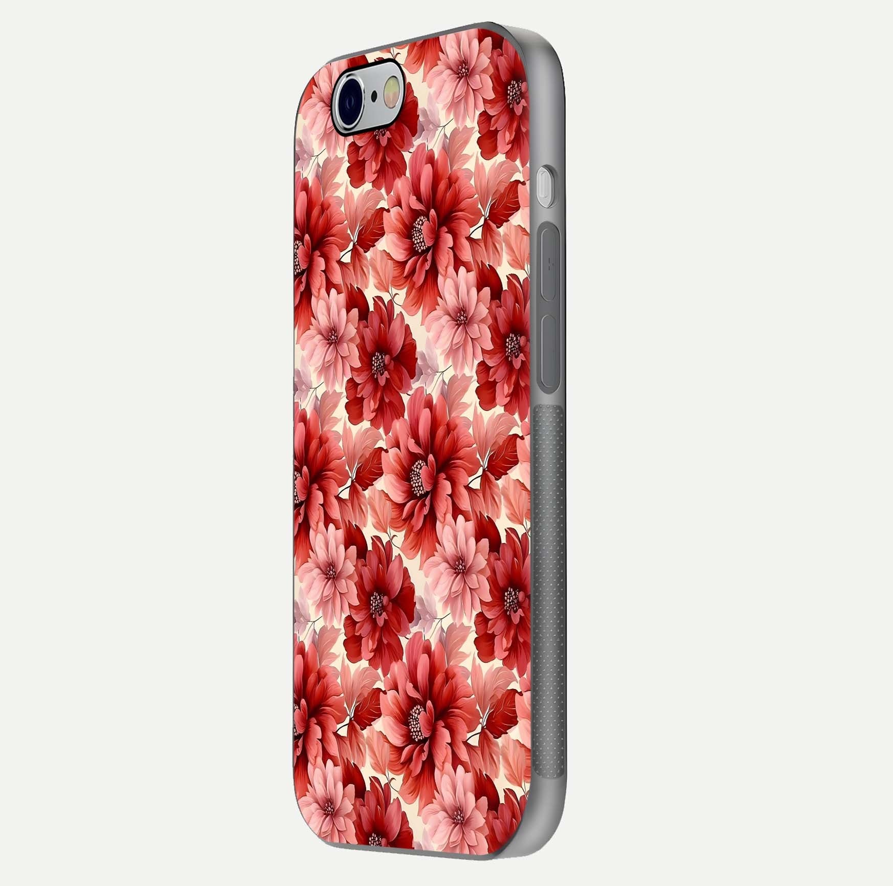 Crimson Love Petals Glass Case for iPhone 16 Pro side-angle photo showing reflection glow and edge clarity