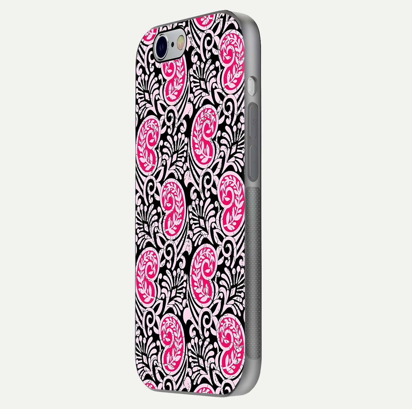 Crimson Paisley Charm Glass Case for iPhone 16 Pro side-angle image showing reflection and smooth edges
