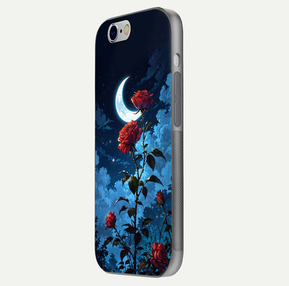 Crimson Rose Moon Glass Case for iPhone 16 Pro side-angle photo showing reflective texture and smooth curve