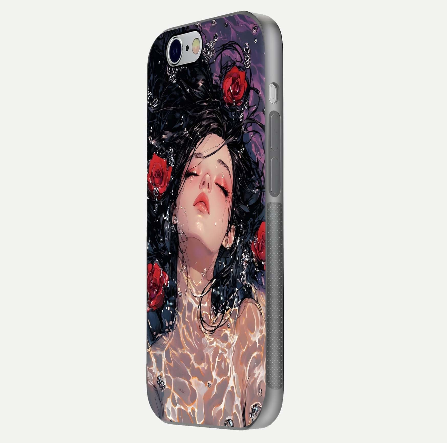 Crimson Rose Serenity Glass Case for iPhone 16 Pro side-angle photo showing glass reflection and soft edges